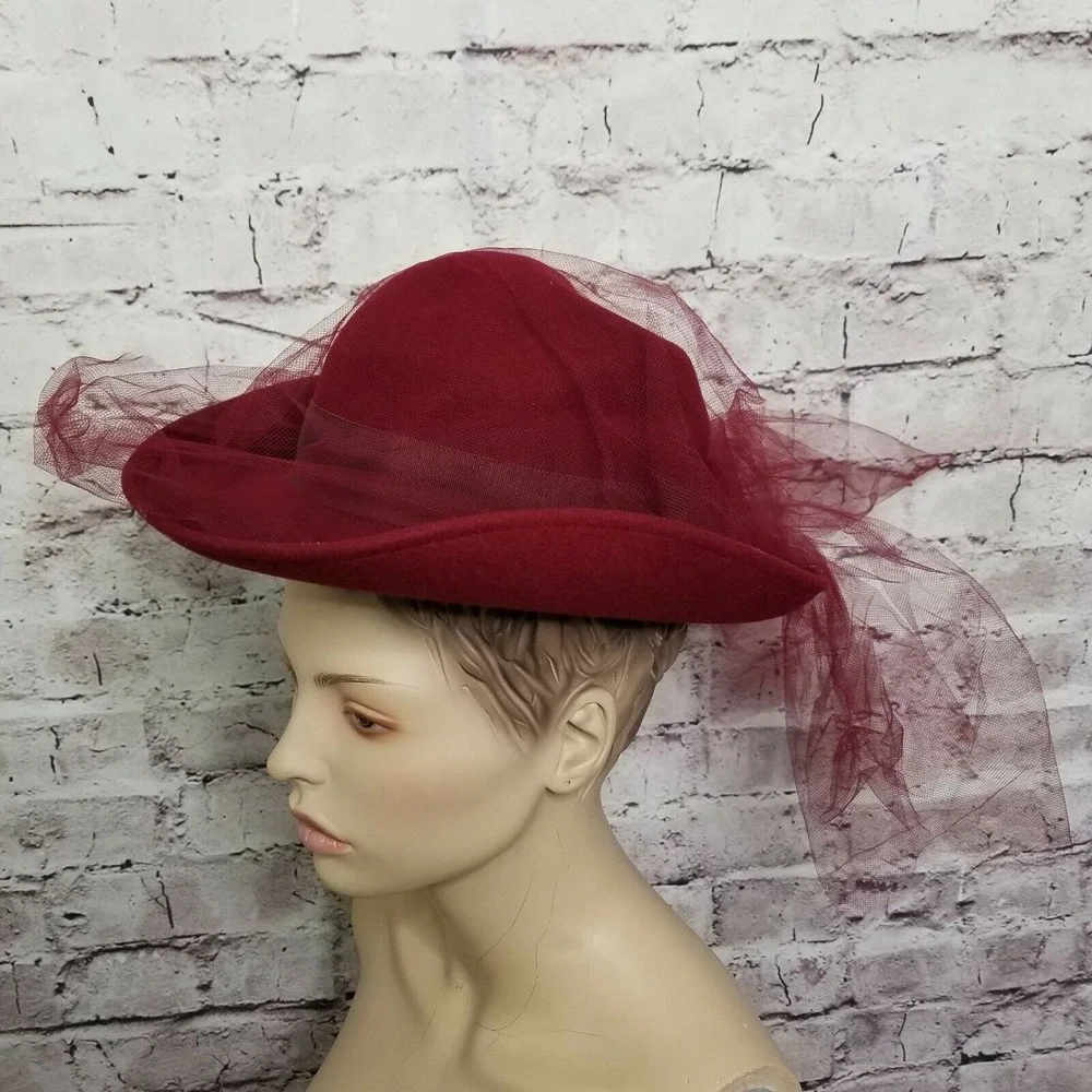 Vintage Michael Howard Maroon‎ Red Wool Hat Veil Church Derby Formal Wide Brim